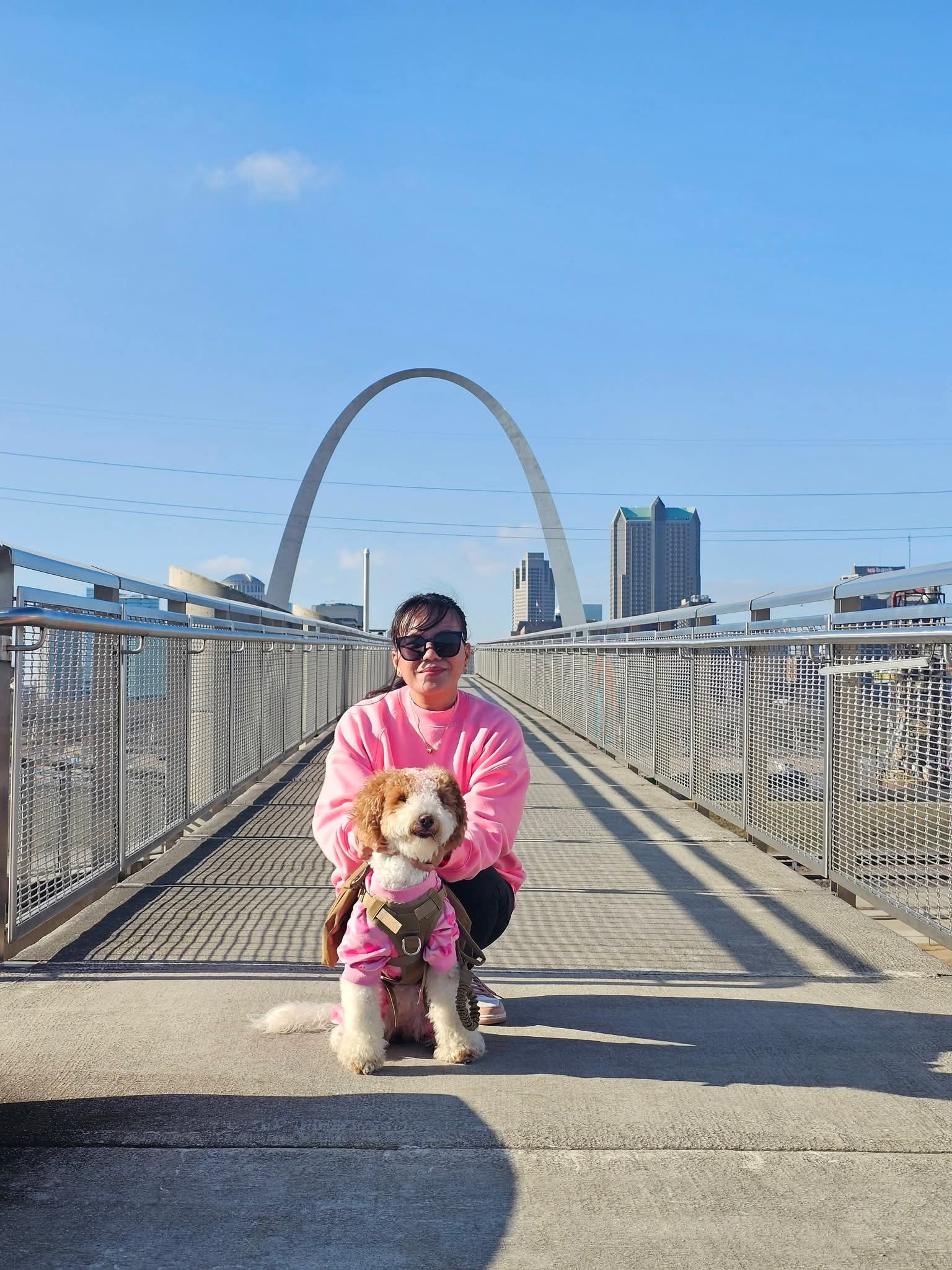 Luna and Mrs Sparkle Cleaning Co owner on a St. Louis bridge with the Gateway Arch
