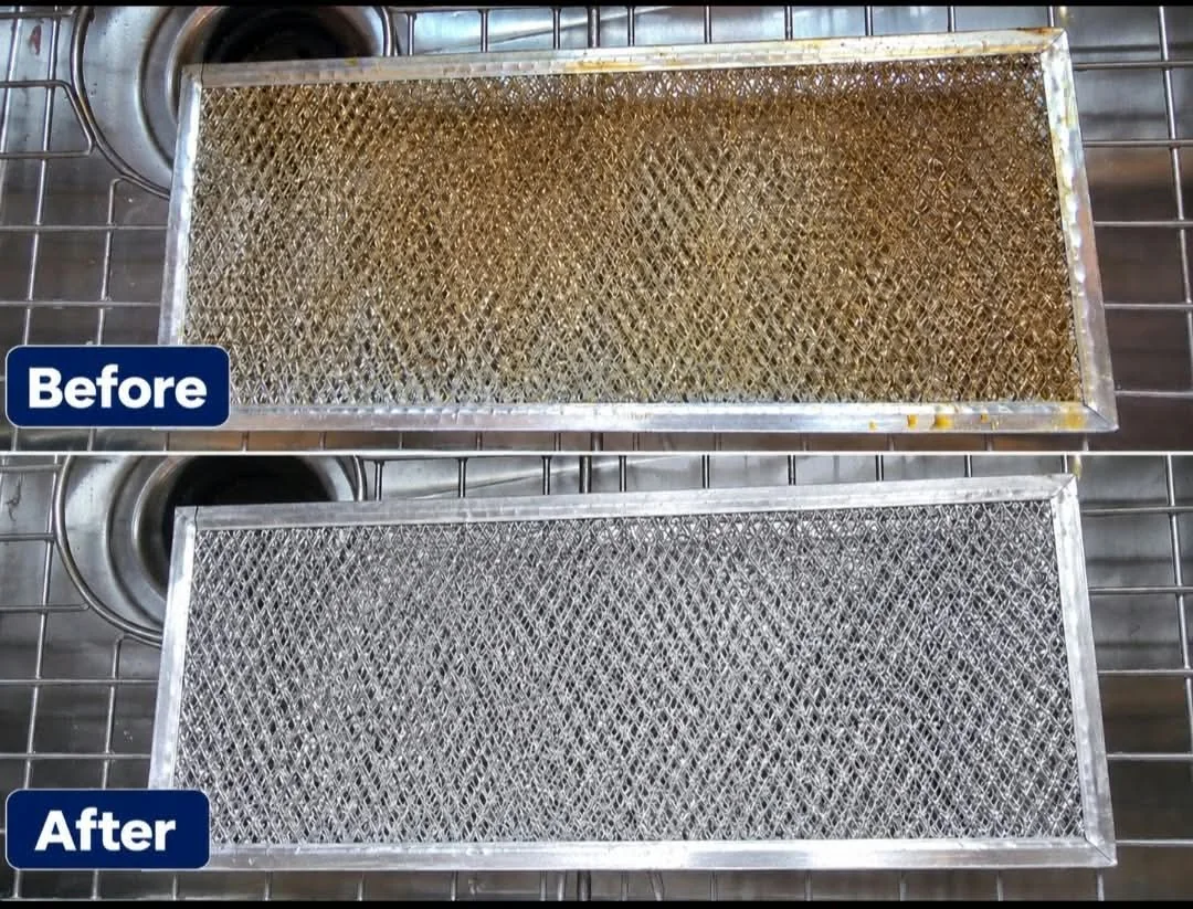 Before and after degreasing a kitchen range hood mesh filter during a St. Louis deep clean