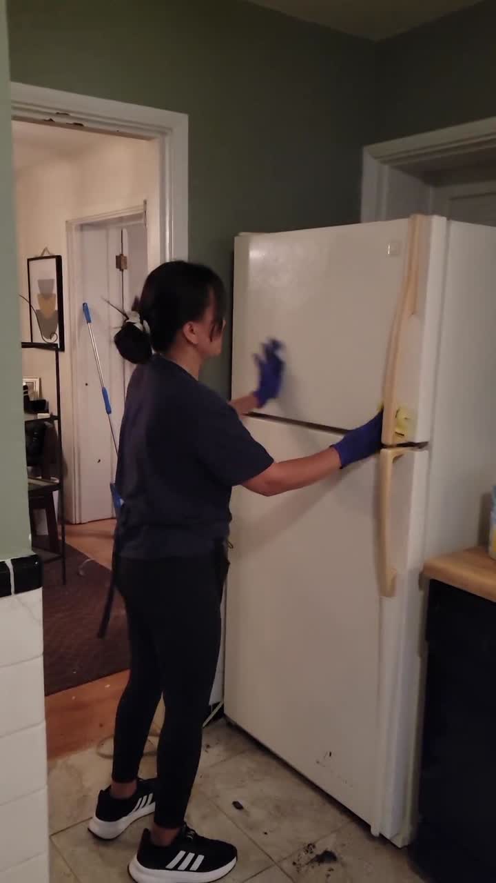 Mrs Sparkle Cleaning Co detailing an everyday white refrigerator exterior in St. Louis